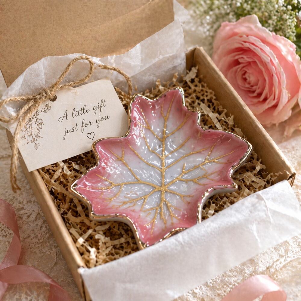 Vintage Japan Pink Maple Leaf Trinket Dish Gold Vein Porcelain Vanity Ring Dish